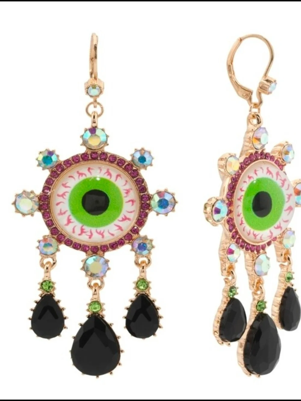 👉✨️ Betsey Johnson Neon Green Eye Drop Earrings with Black Teardrops
